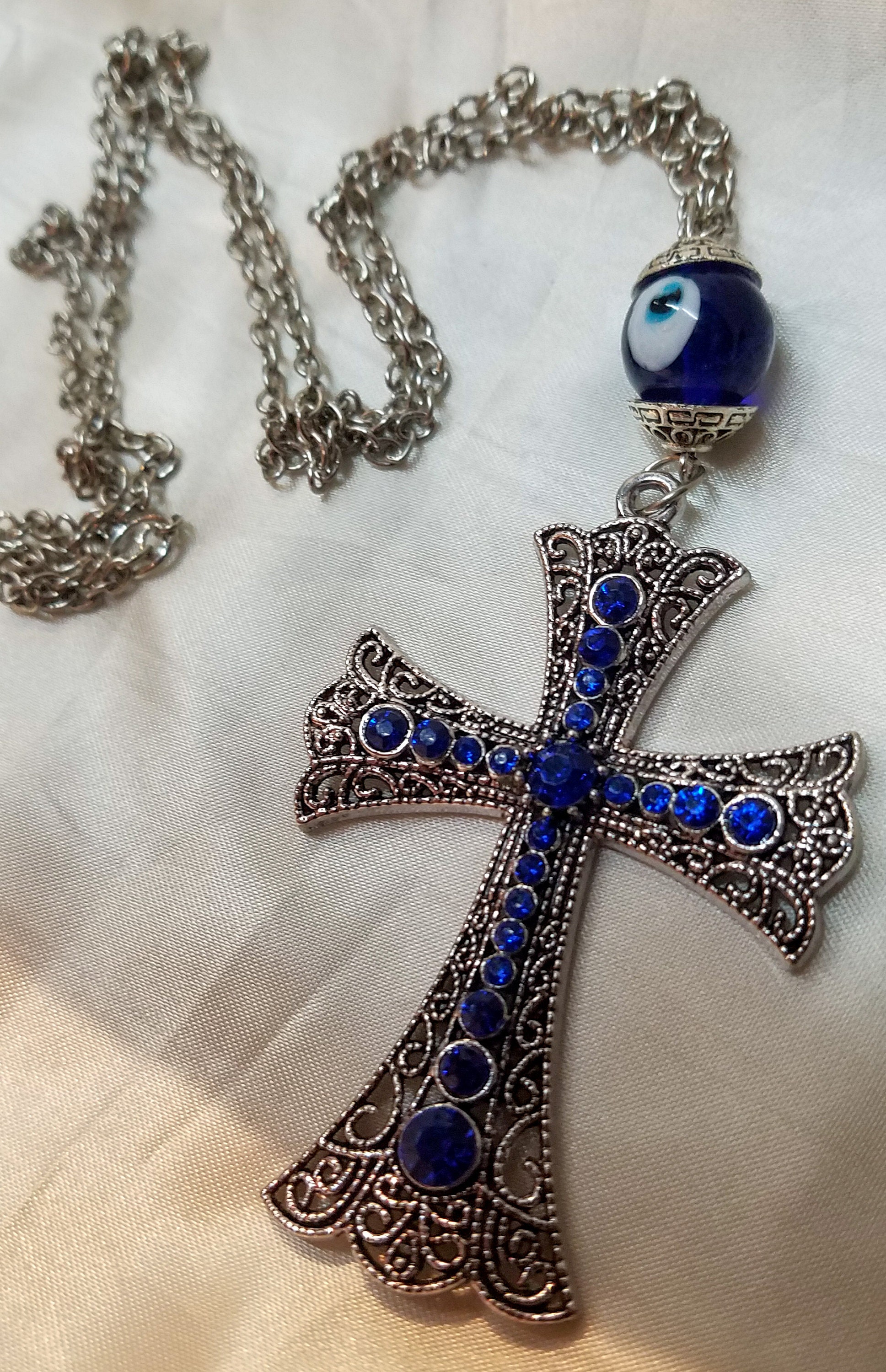 Sterling Silver Cross and Evil Eye Pendant With Chain Etsy