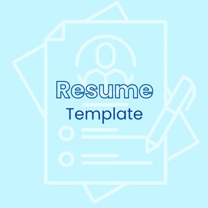 May include: A white outline of a resume template with a blue line drawing of a person in a circle at the top. The word "Resume" is in blue text and the word "Template" is in black text. A blue pen is drawn next to the resume.