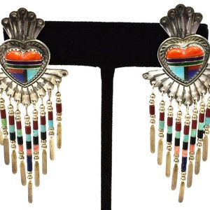 Vintage Zuni Multi Stone Sterling Silver Heart Earrings