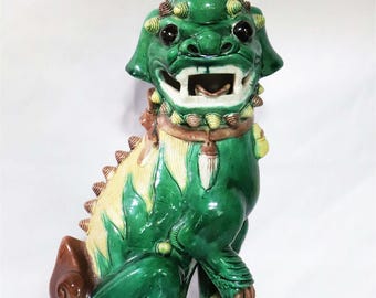 Vintage Tall Chinese Porcelain Foo Dog &quot;Famille Jaune Et Verte&quot;