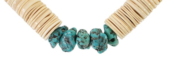 Vintage Ostrich Eggshell Heishi Beads & Turquoise… - image 2
