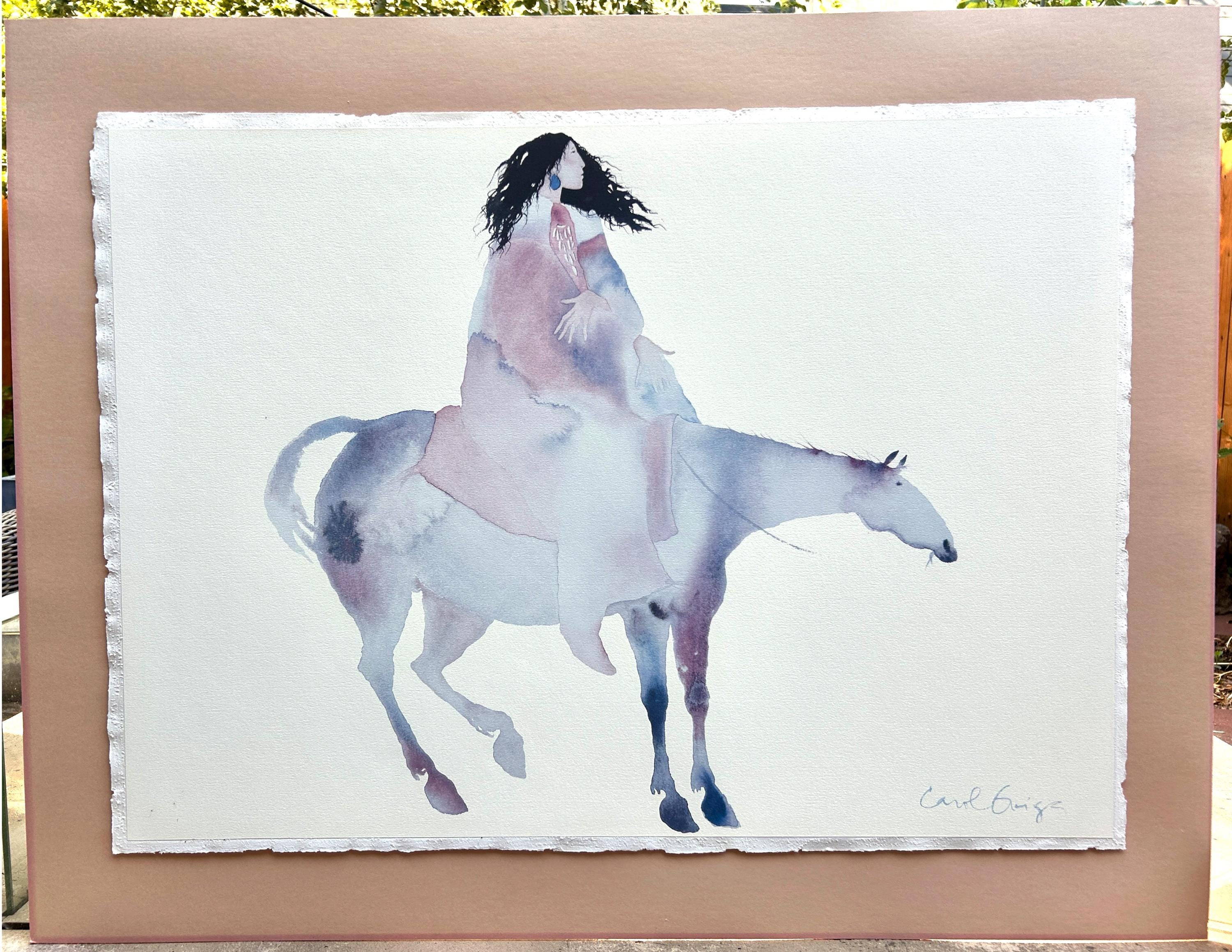 1970s Vintage Original Signed Carol Grigg Water Color “Earth Healer” on Horseback