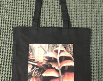 Mushroom Photo Tote Bag: Black Canvas Eco-Friendly Gorpcore Bag