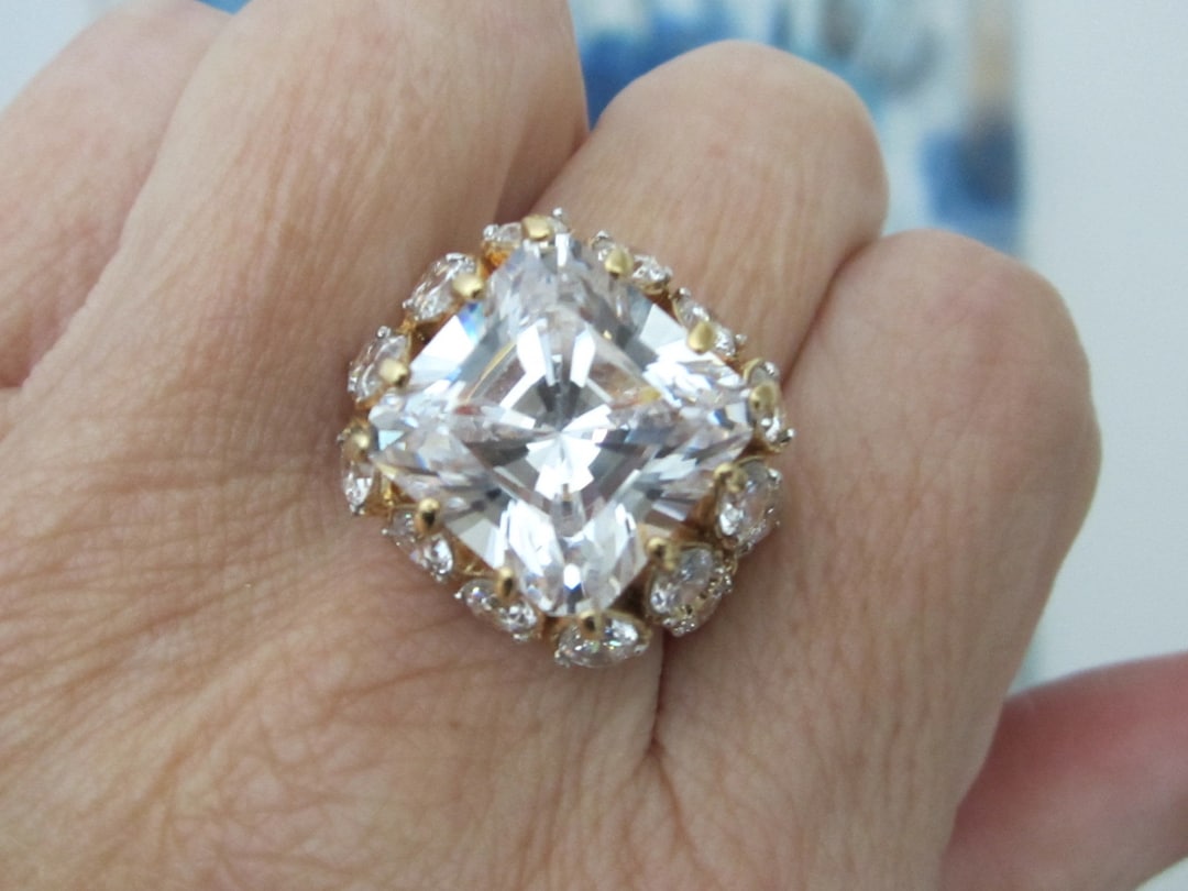 Vintage CZ Statement Ring Cocktail Ring Large 14x14mm Cubic Zirconia