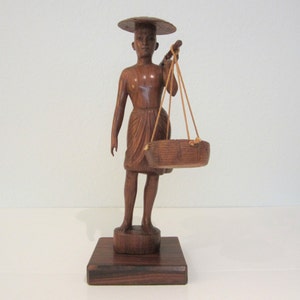Vintage Asian Fisherman Carrying Baskets Hand-Carved Teak Wood Sculpture Figurine Balinese Indonesian Asian Décor 14” High