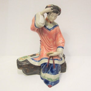 Vintage Chinese Woman Shiwan Mudman Mudwoman Mud Figure Sculpture Mud Man Figurine Asian Décor Collectible ‘Lady with Mirror’ 10.5&quot;H