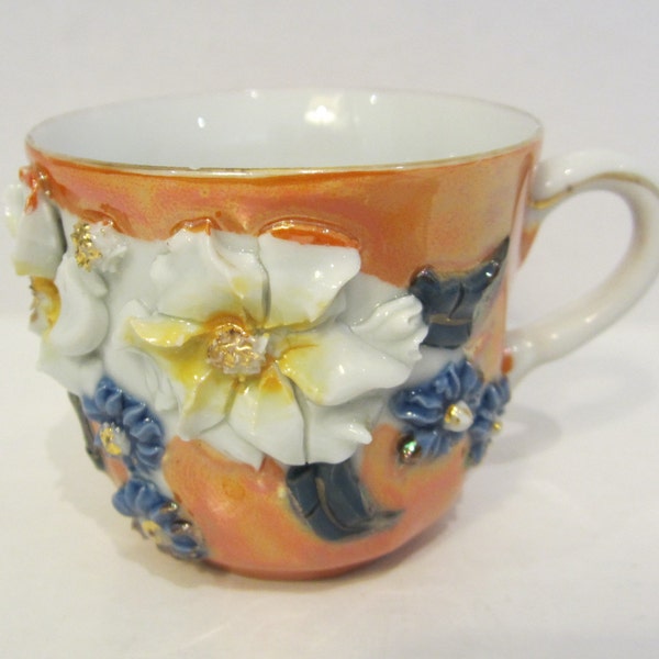 Antique German Luster Demitasse Cup Porcelain Floral Hand-Painted High Relief Texture Raised Flowers Iridescent Lustreware Germany