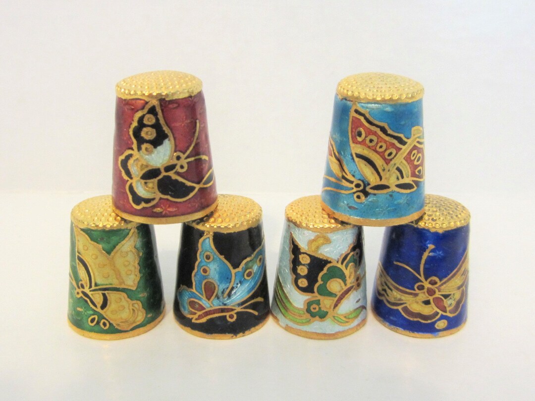 Set of 6 Vintage Chinese Cloisonne Thimbles Butterfly Handpainted