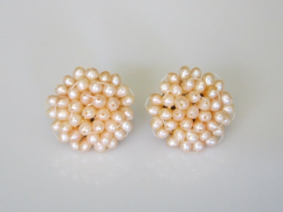 Vintage Blush Pink Freshwater Pearl Cluster Earri… - image 1