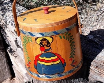 Vintage Mid-Century Hand Painted, Wooden Sugar Bucket, Tole-Painted Folk Art Firkin, Functional, Hardy Rustic Decor