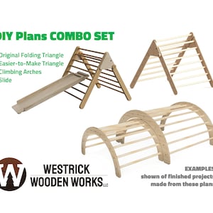 Peut inclure: Ensemble de plans de bricolage pour construire un triangle d'escalade en bois, un toboggan et des arches d'escalade. Les plans comprennent des instructions pour construire un triangle pliable original et un triangle plus facile à réaliser. L'image montre des exemples de projets finis réalisés à partir de ces plans.