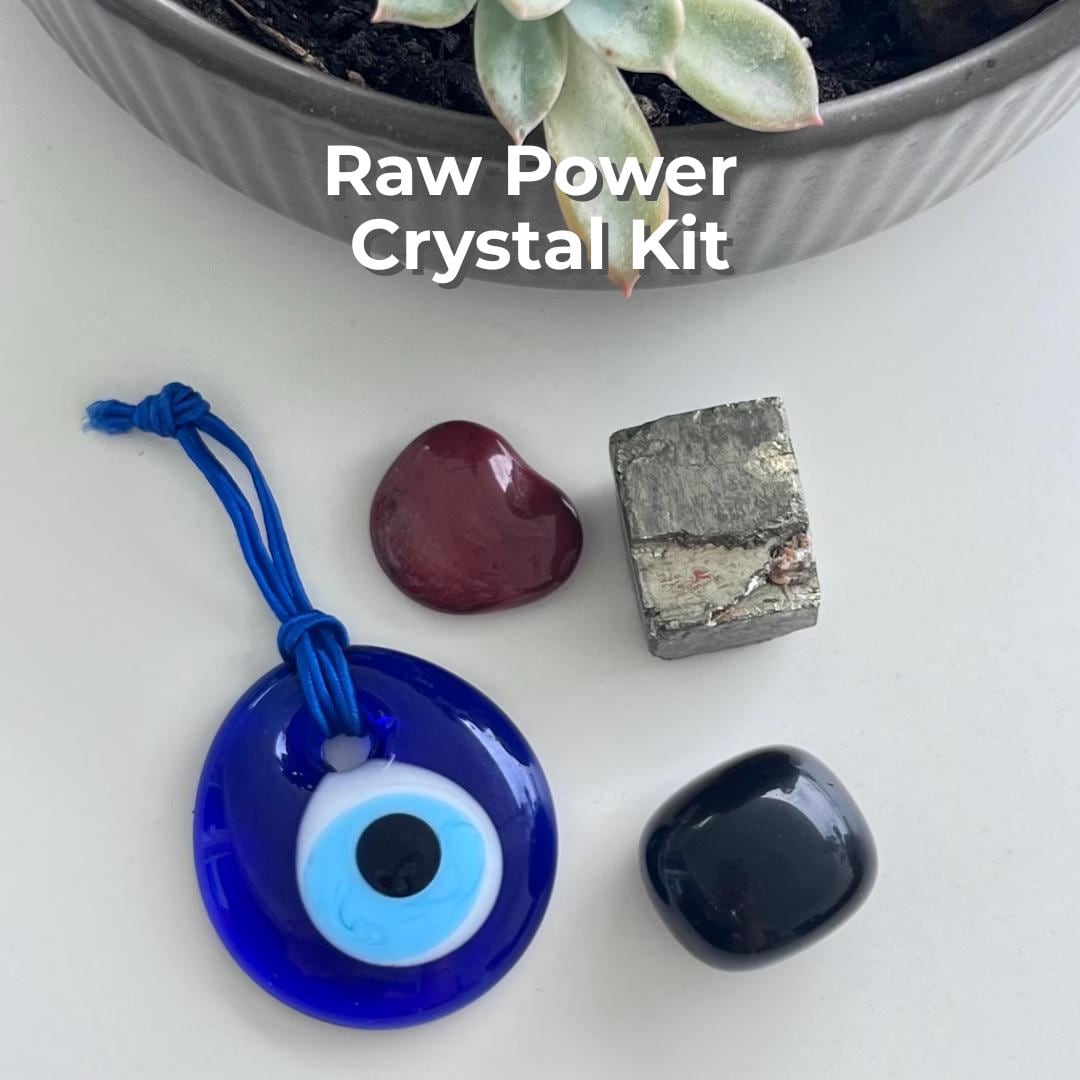 Raw Power Crystal Kit – Pyrite, Obsidian, Jasper, Turkish Evil Eye – Energy Protection, Strength and  Grounding Gift for Him or Her