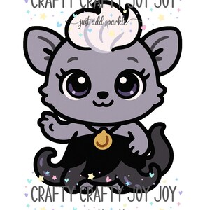 May include: A cartoon illustration of a grey cat-like creature with large purple eyes, wearing a black dress with tentacle-like details. The image includes the text "Crafty Crafty Joy Joy" and "just add sparkle" with star and heart accents.