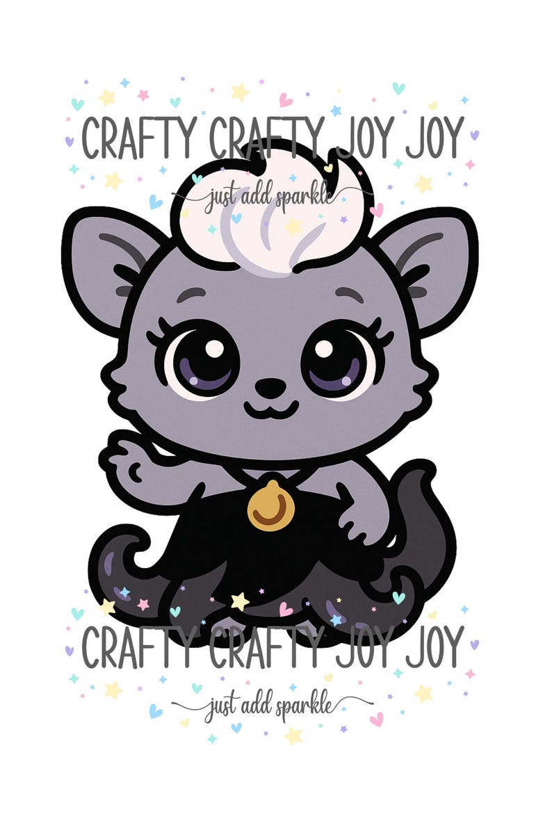 May include: A cartoon illustration of a grey cat-like creature with large purple eyes, wearing a black dress with tentacle-like details. The image includes the text "Crafty Crafty Joy Joy" and "just add sparkle" with star and heart accents.