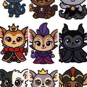 May include: Nine cartoon illustrations of cute, stylized animals dressed as Disney villains. Each character has large eyes and is wearing a costume with accessories like crowns, hats, and staffs. The color palette includes black, brown, purple, and red.