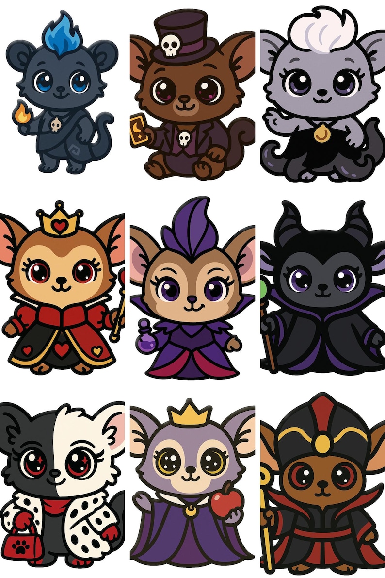 May include: Nine cartoon illustrations of cute, stylized animals dressed as Disney villains. Each character has large eyes and is wearing a costume with accessories like crowns, hats, and staffs. The color palette includes black, brown, purple, and red.