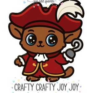May include: A cartoon pirate character in a red coat and hat, with a hook for a hand. The character has large blue eyes and a white feather in the hat. The image includes the text "Crafty Crafty Joy Joy" and "just add sparkle" in a decorative font.