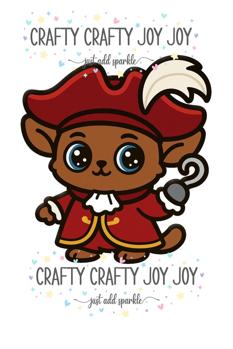 May include: A cartoon pirate character in a red coat and hat, with a hook for a hand. The character has large blue eyes and a white feather in the hat. The image includes the text "Crafty Crafty Joy Joy" and "just add sparkle" in a decorative font.