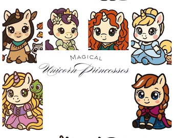 Unicorn Princess Clipart Bundle – 14 Fairytale PNGs | Cute Pastel Unicorns | Digital Download for Sublimation, Stickers, Crafts