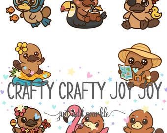 Tropical Platypus Clipart – 20+ Cute PNGs of Cartoon Platypuses on Vacation – Beach, Surf, Travel Animal Digital Set