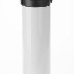 May include: White insulated water bottle with a black lid and a black carrying handle. Easy to carry.