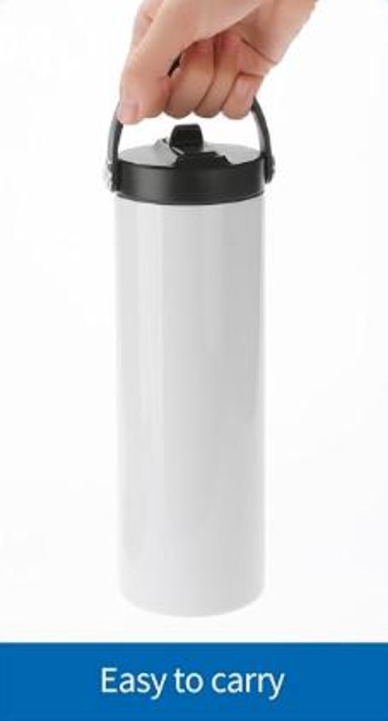 May include: White insulated water bottle with a black lid and a black carrying handle. Easy to carry.