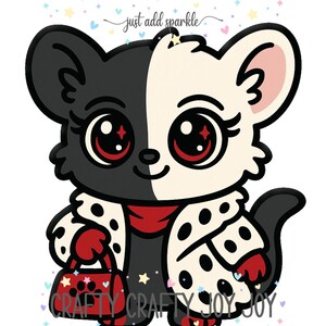 May include: A cartoon illustration of a black and white mouse-like character with red eyes and a red scarf, holding a red purse. The image includes the text "Crafty Crafty Joy Joy" and "just add sparkle".