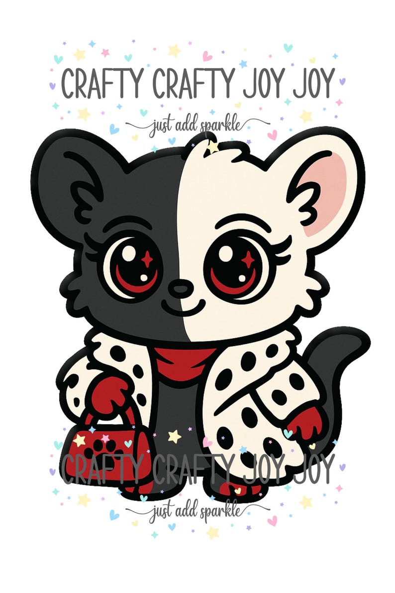 May include: A cartoon illustration of a black and white mouse-like character with red eyes and a red scarf, holding a red purse. The image includes the text "Crafty Crafty Joy Joy" and "just add sparkle".