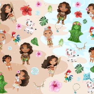 May include: A colorful illustration featuring characters from the animated film Moana. The illustration includes Moana, Maui, Pua the pig, Hei Hei the rooster, and other characters from the film. The illustration is set against a background of blue and brown.