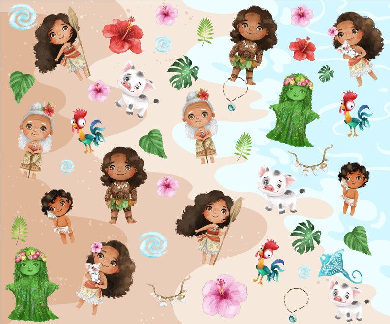 May include: A colorful illustration featuring characters from the animated film Moana. The illustration includes Moana, Maui, Pua the pig, Hei Hei the rooster, and other characters from the film. The illustration is set against a background of blue and brown.