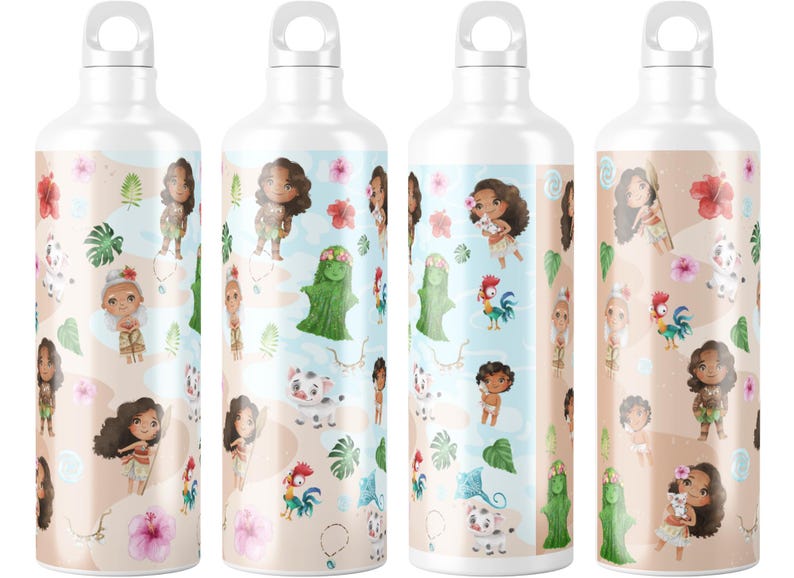 May include: Four white water bottles with a colorful design featuring characters from the animated movie Moana. The design includes Moana, Maui, Pua the pig, Hei Hei the rooster, and other characters from the movie.