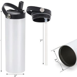 May include: A white stainless steel water bottle with a black lid and a black straw. The bottle is 9 inches tall and 3 inches in diameter. The straw is 7 inches long.