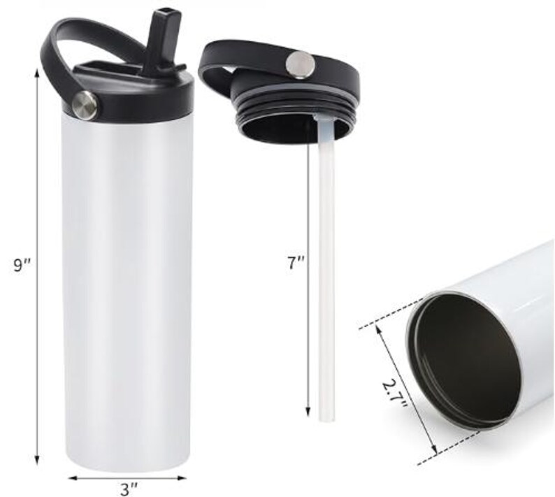 May include: A white stainless steel water bottle with a black lid and a black straw. The bottle is 9 inches tall and 3 inches in diameter. The straw is 7 inches long.