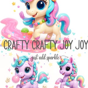 Clipart de Unicornio de Candyland: 20 brillantes imágenes JPG en 3D de adorables unicornios en escenas de dulces dulces. Paquete de arte digital kawaii.