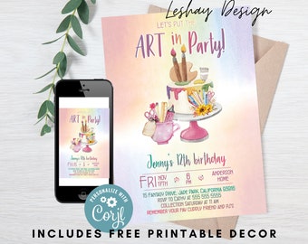 Rainbow Art Party Birthday Invitations for Girls, INSTANT DOWNLOAD, Painting Party Invitation, Printable Invite