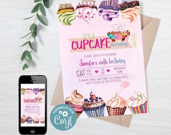 Cupcake Decorating Birthday Invitation Template for Girls INSTANT DOWNLOAD, Any age, Any language, Corjl online editing