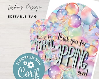 Editable Pop Bubble Thank You Tag / Card Birthday Party Decoration INSTANT DOWNLOAD