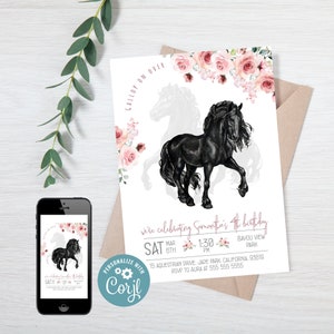 Black Horse Birthday Invitations for Girls INSTANT DOWNLOAD, Any language, Any age image 1