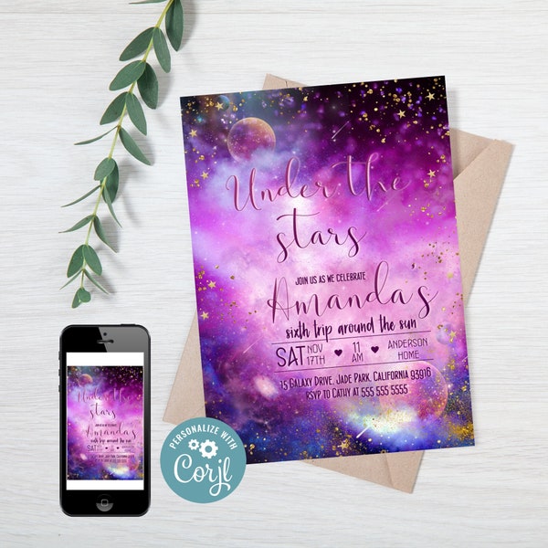 Galaxy Space Birthday Invitation for Girls INSTANT DOWNLOAD, Any language, Any age, Corjl easy online editing