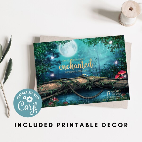 Birthday Invitations for Girls Enchanted Forest INSTANT DOWNLOAD Editable Template, Printable, Digital Invite, Toadstool, Fairy, Fairytale