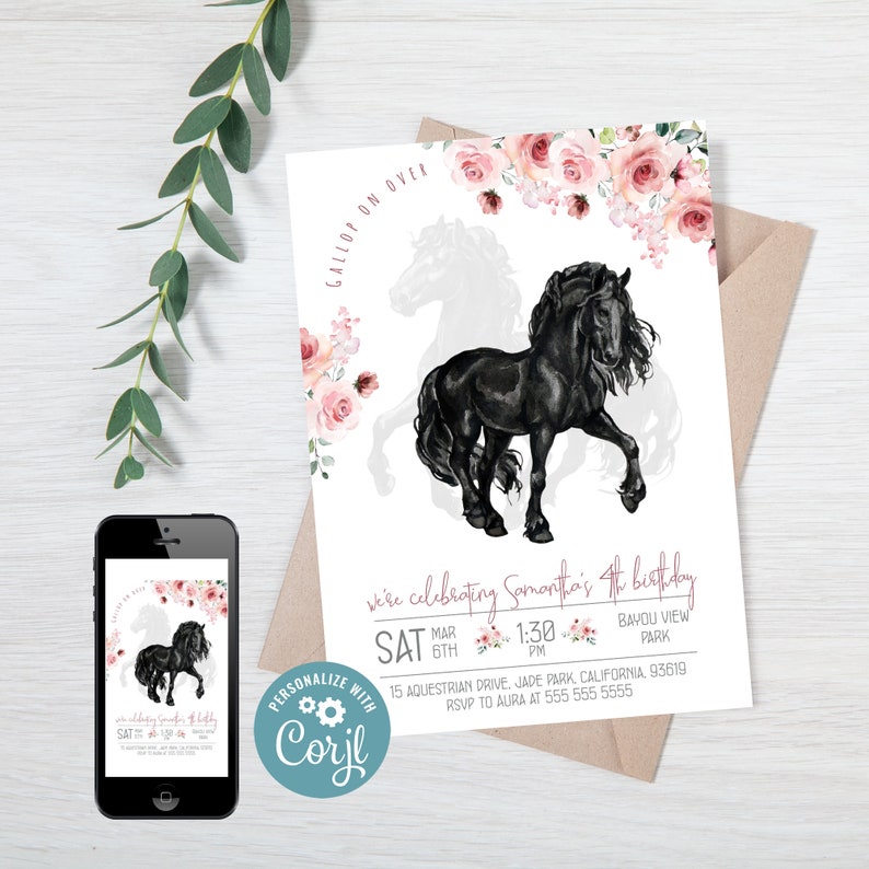 Black Horse Birthday Invitations for Girls INSTANT DOWNLOAD, Any language, Any age image 9