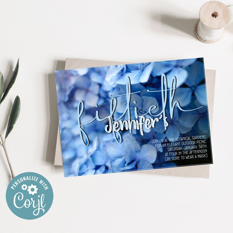 Zoom Birthday Invitation Zoom Adult Blue Flower Birthday Invitation for Women INSTANT DOWNLOAD Any age Any language Virtual Invitation