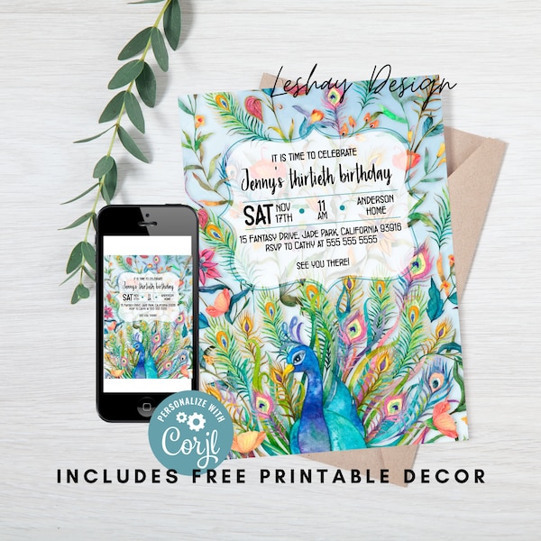 Peacock birthday invitation for girls INSTANT DOWNLOAD Any age