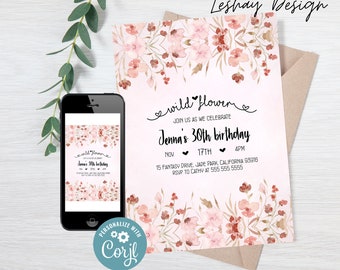 Pink Wildflower birthday invitations for women INSTANT DOWNLOAD, Corjl easy online editing