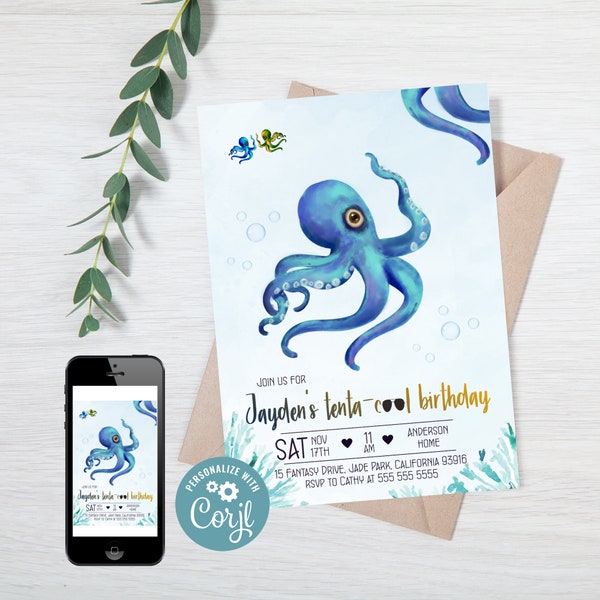 Blue Octopus Birthday Invitation for Boys INSTANT DOWNLOAD
