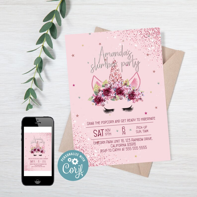 Rose gold Unicorn Slumber Birthday Invitation for Girls Online Editable Unicorn Invitation Unicorn Birthday Invitation INSTANT DOWNLOAD