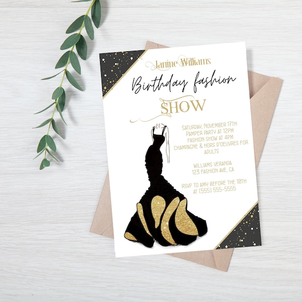 Fashion Show Birthday Invitation for Girls INSTANT DOWNLOAD Editable Template, Black and Gold Modelling Party, Printable Birthday, Digital