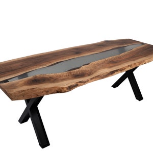 Rivertable walnut dining table with smokey epoxy