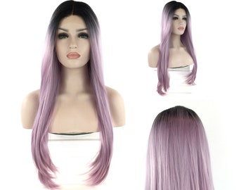 Luxurious LACE-FRONT Center Part High-Heat Synthetic Fiber Long Wig - Black/Purple Ombre