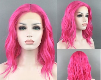 Luxurious LACE-FRONT Center Part High-Heat Synthetic Fiber Wavy Long Bob Wig Hot Pink